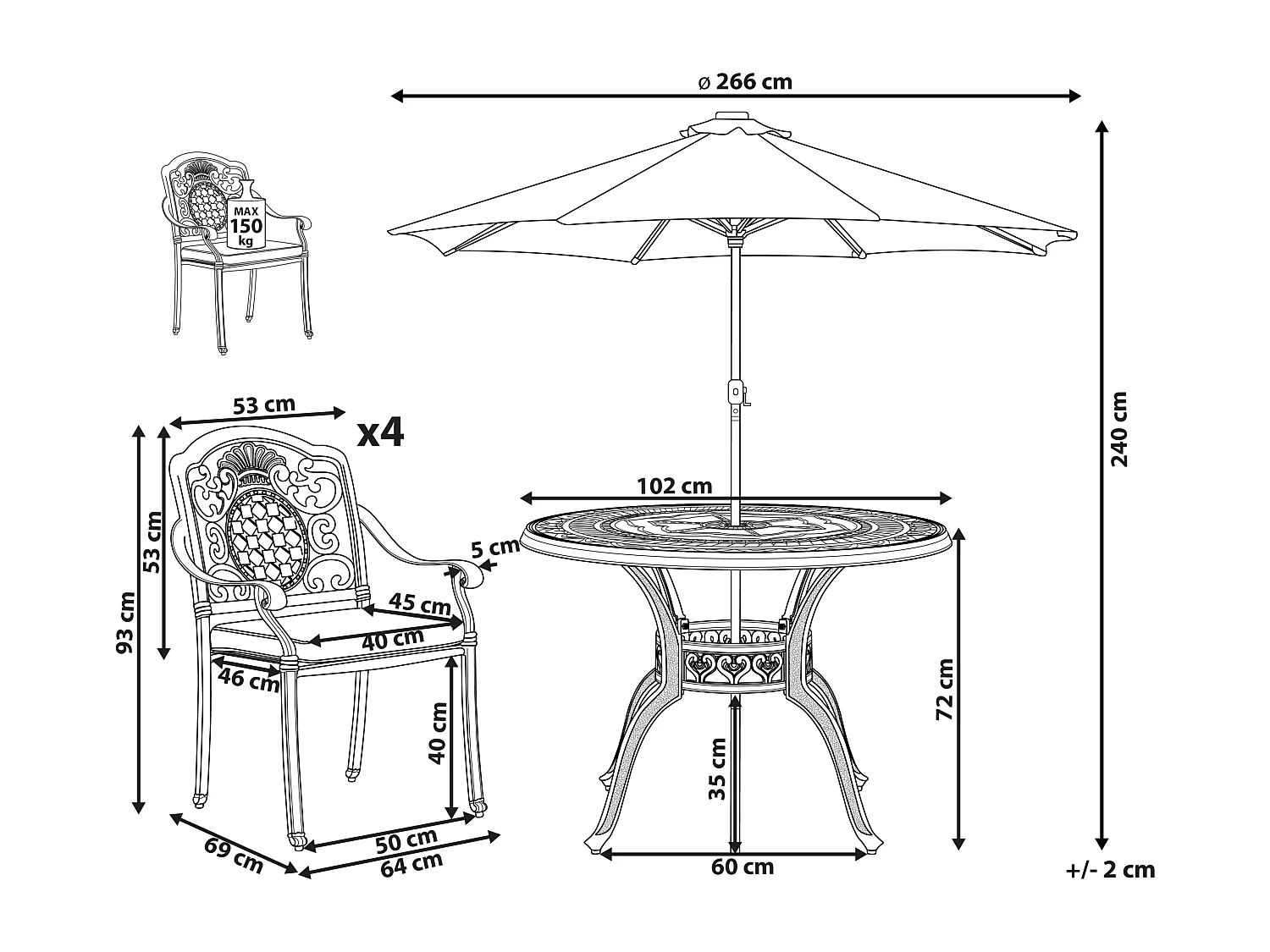 Conjunto de refeições de jardim 4 lugares SALENTO com guarda-sol (16 opções) Metal Castanho escuro