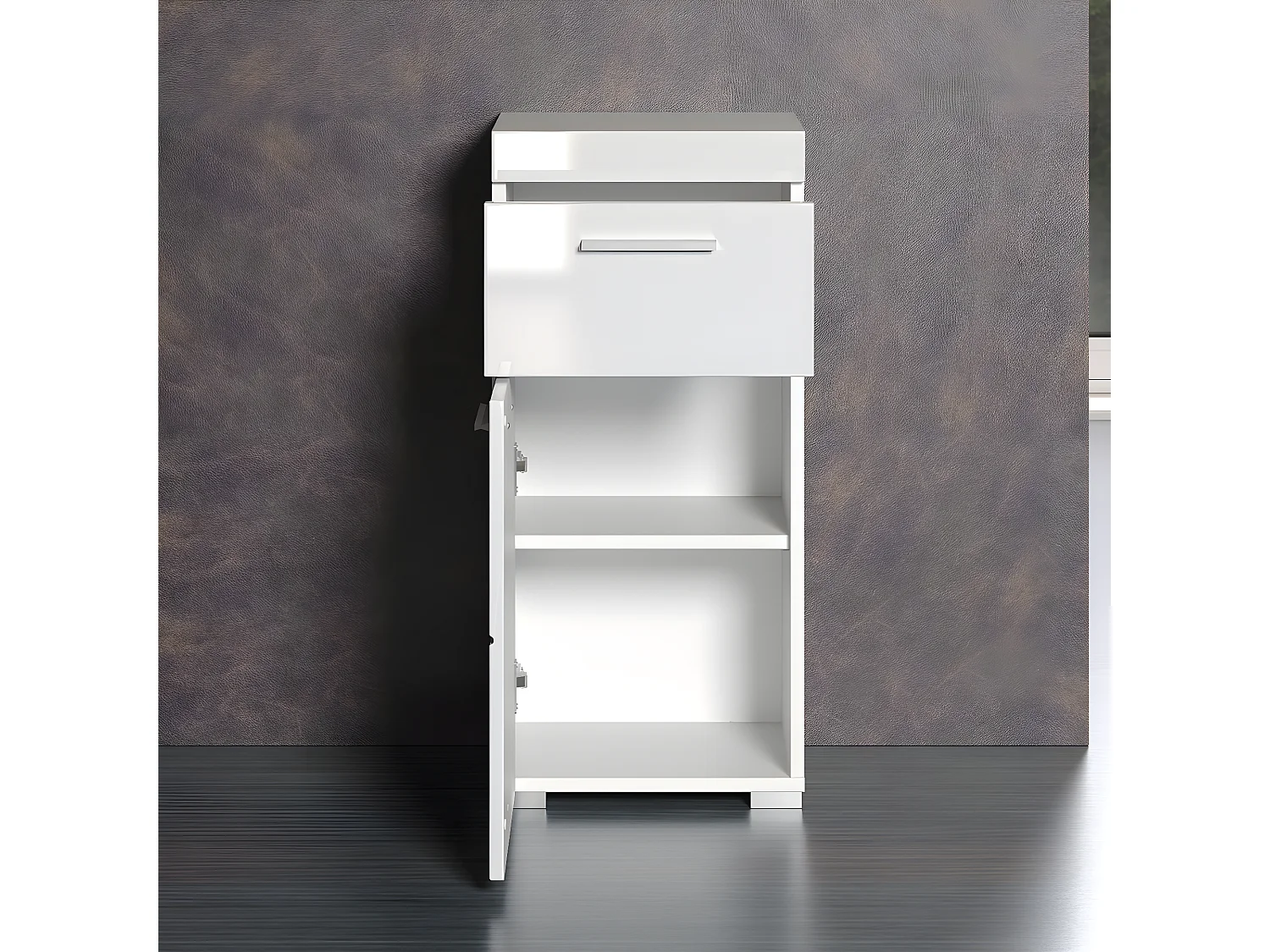 Meuble bas de salle de bain coloris blanc mat et blanc brillant - L. 37 x H. 79 x P. 31 cm