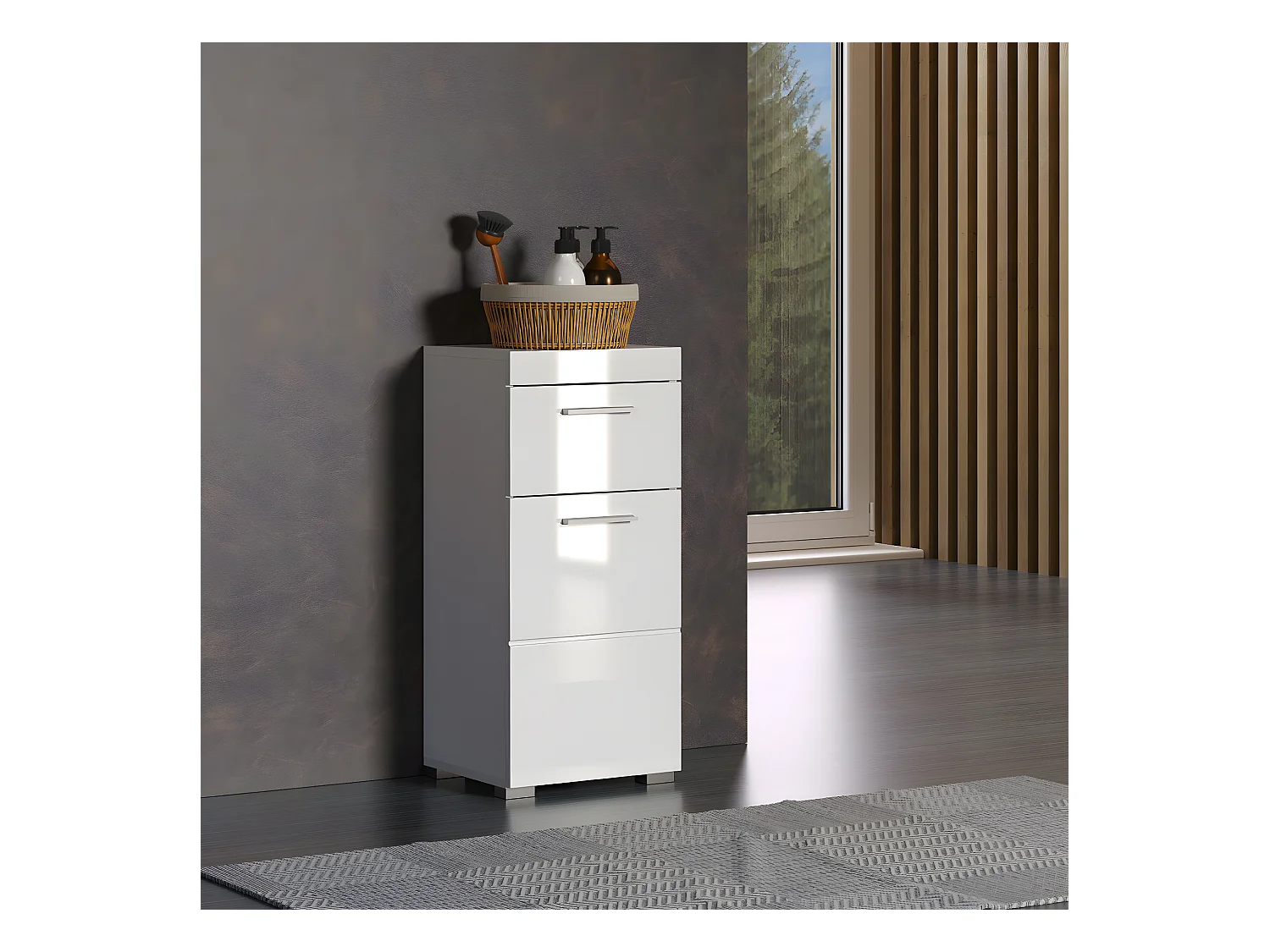 Meuble bas de salle de bain coloris blanc mat et blanc brillant - L. 37 x H. 79 x P. 31 cm