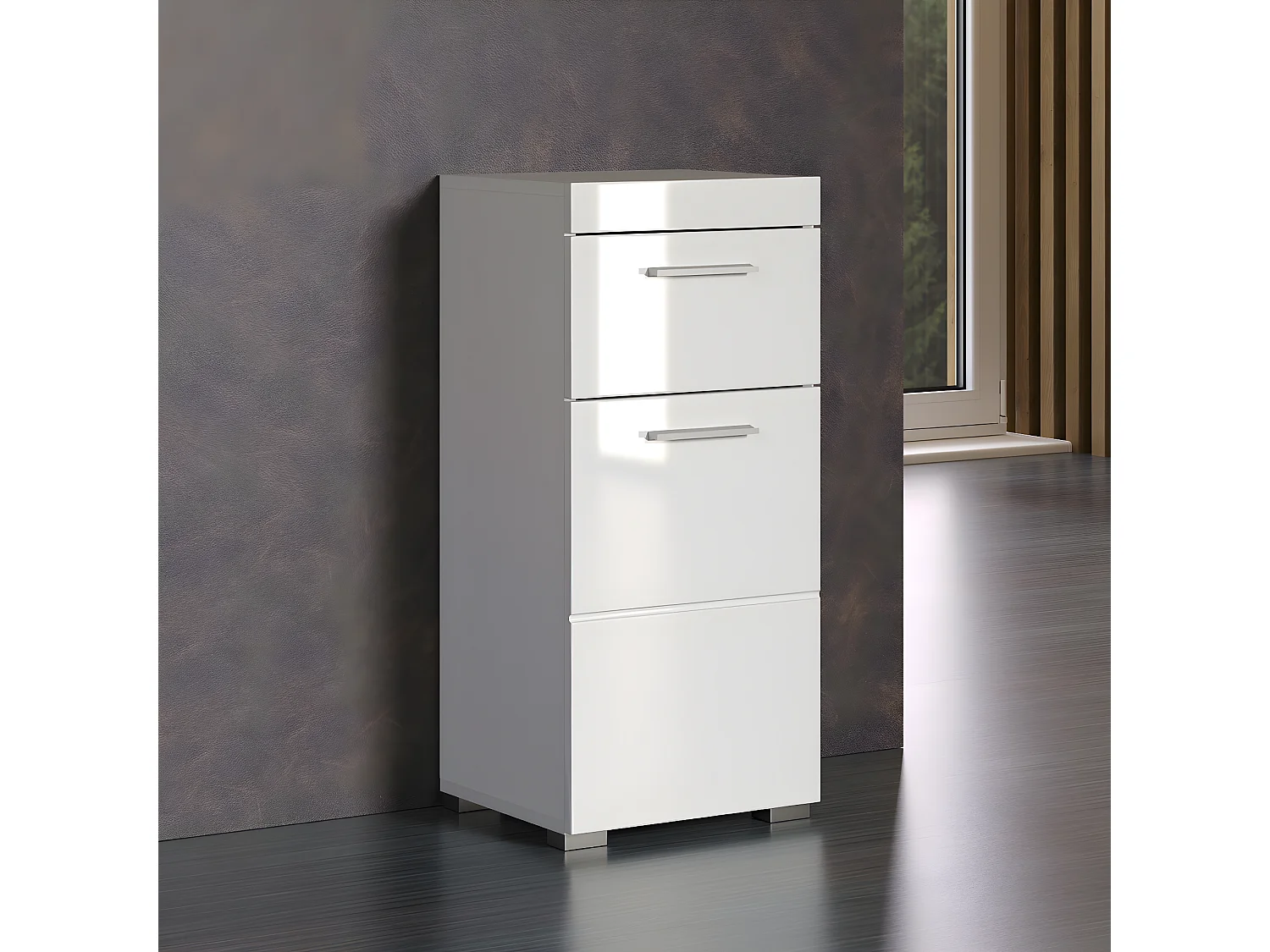 Meuble bas de salle de bain coloris blanc mat et blanc brillant - L. 37 x H. 79 x P. 31 cm