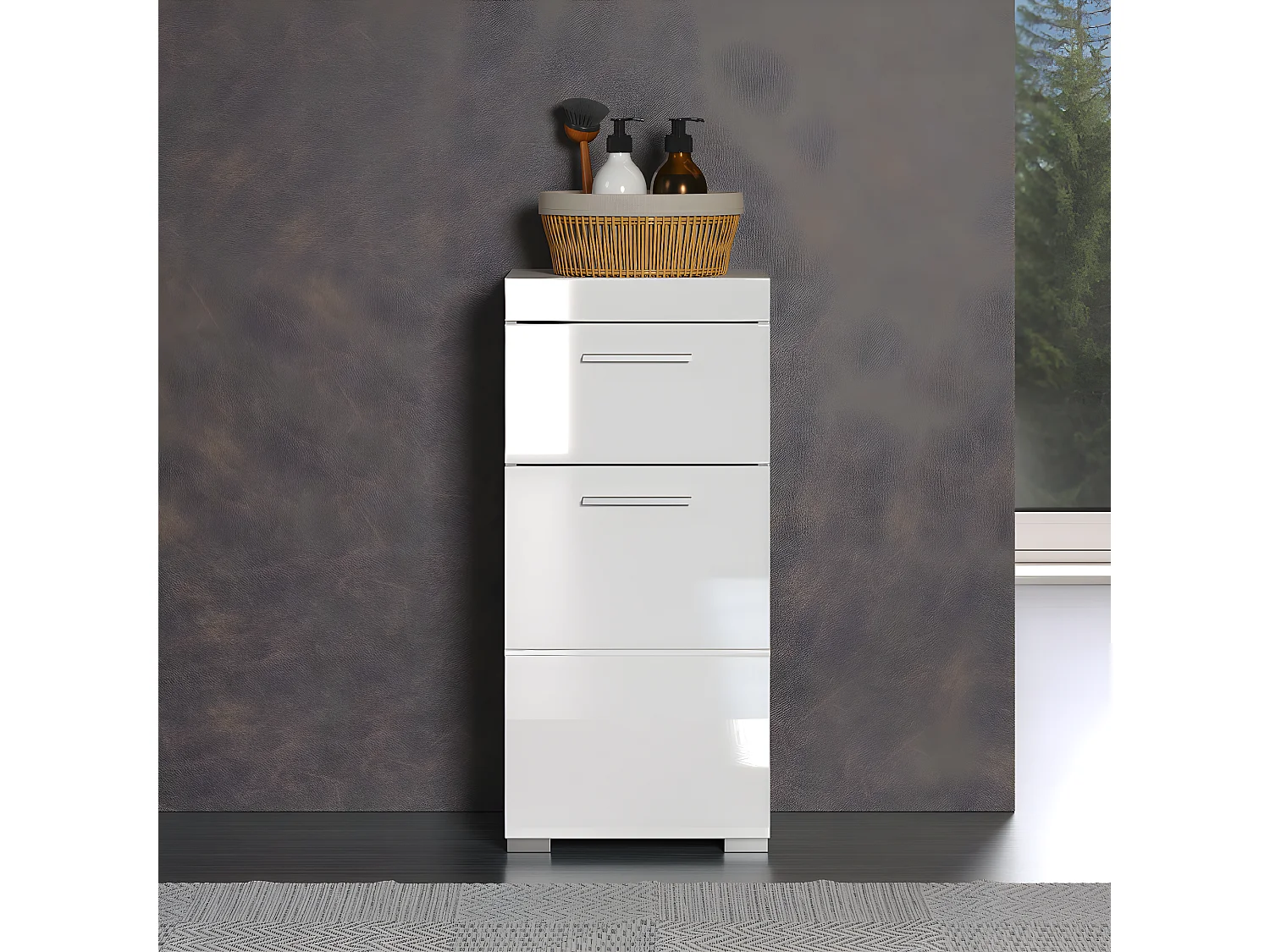 Meuble bas de salle de bain coloris blanc mat et blanc brillant - L. 37 x H. 79 x P. 31 cm