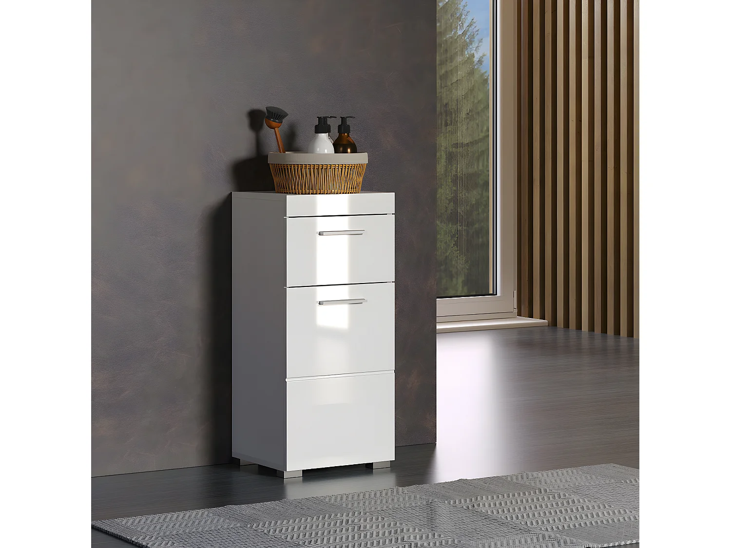 Meuble bas de salle de bain coloris blanc mat et blanc brillant - L. 37 x H. 79 x P. 31 cm