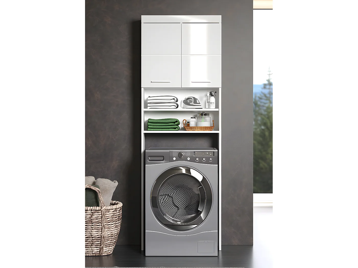 Meuble de rangement spécial de machine à laver ou WC  coloris blanc brillant, blanc mat