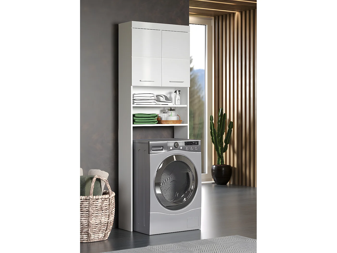 Meuble de rangement spécial de machine à laver ou WC  coloris blanc brillant, blanc mat