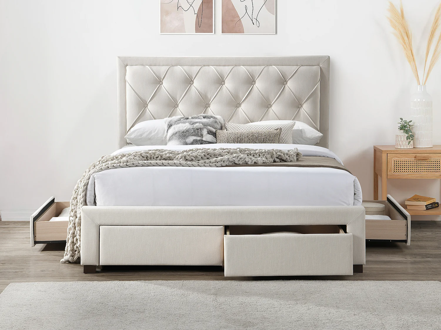 Lit avec tiroirs 160 x 200 cm - Tissu - Beige - LEOPOLD