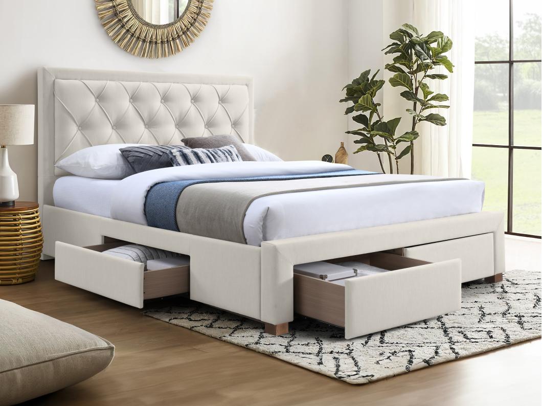 Cama con cajones 160 x 200 cm - Tela - Beige - LEOPOLD