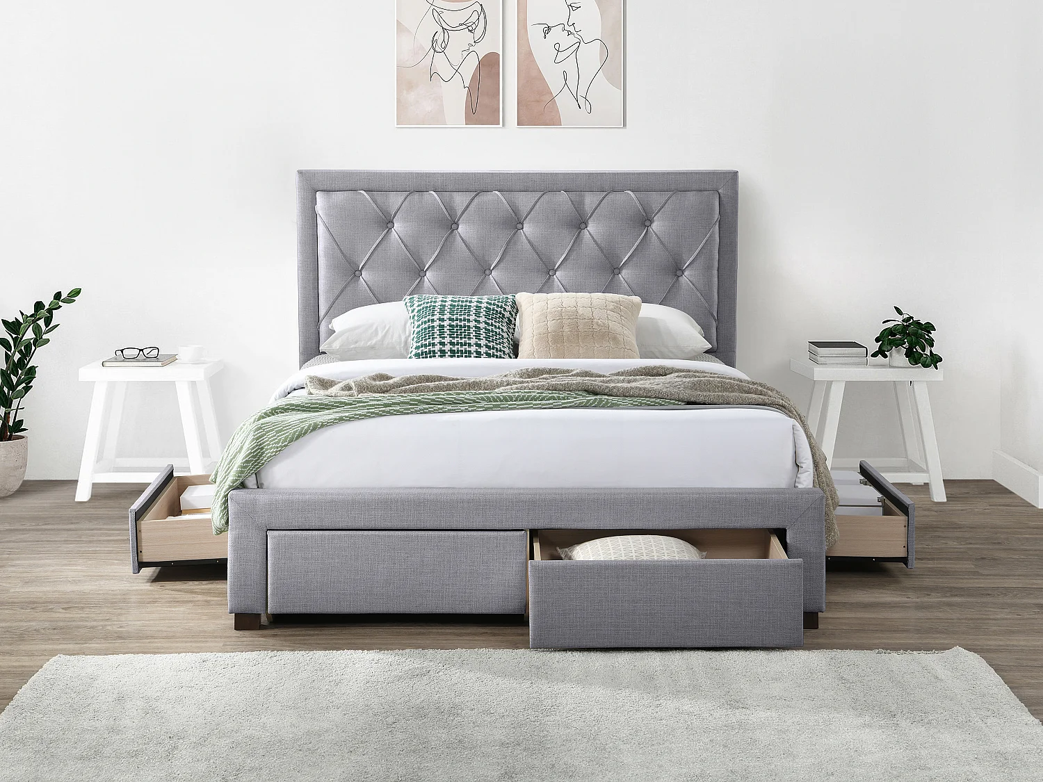 Säng med lådor 140 x 190 cm - Tyg - Ljusgrå - LEOPOLD