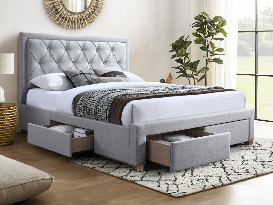 Cama con cajones 140 x 190 cm - Tela - Gris claro - LEOPOLD