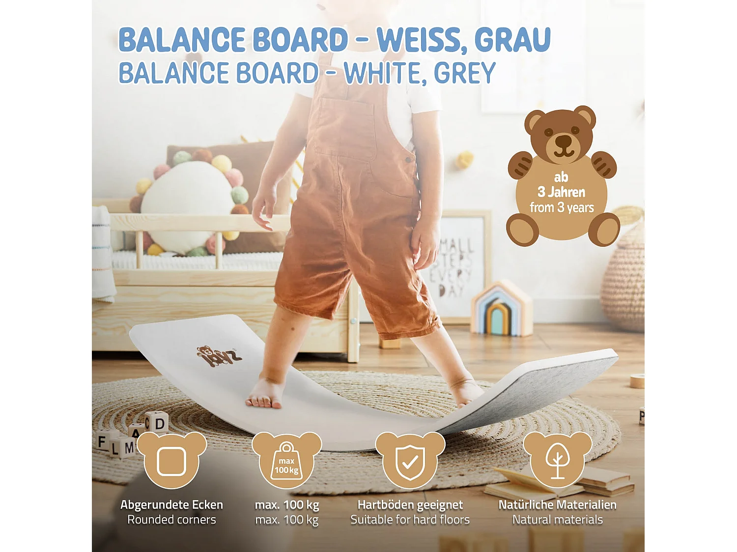 Planche d'équilibre pour enfants planche à balancer blanc/gris  Joyz