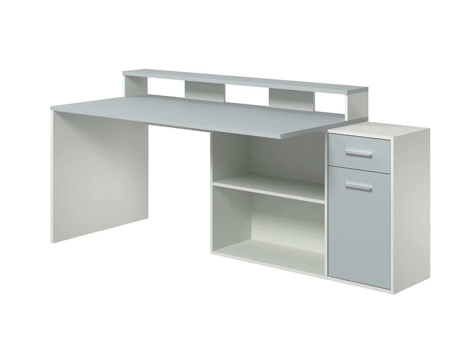 Bureau gamer, table de jeu coloris blanc, gris pastel - L. 160 x H. 92 x P. 115 cm