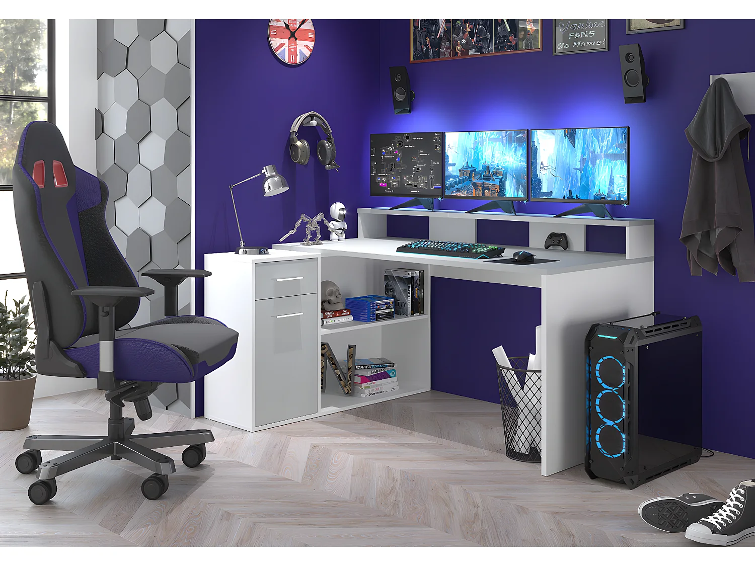 Bureau gamer, table de jeu coloris blanc, gris pastel - L. 160 x H. 92 x P. 115 cm