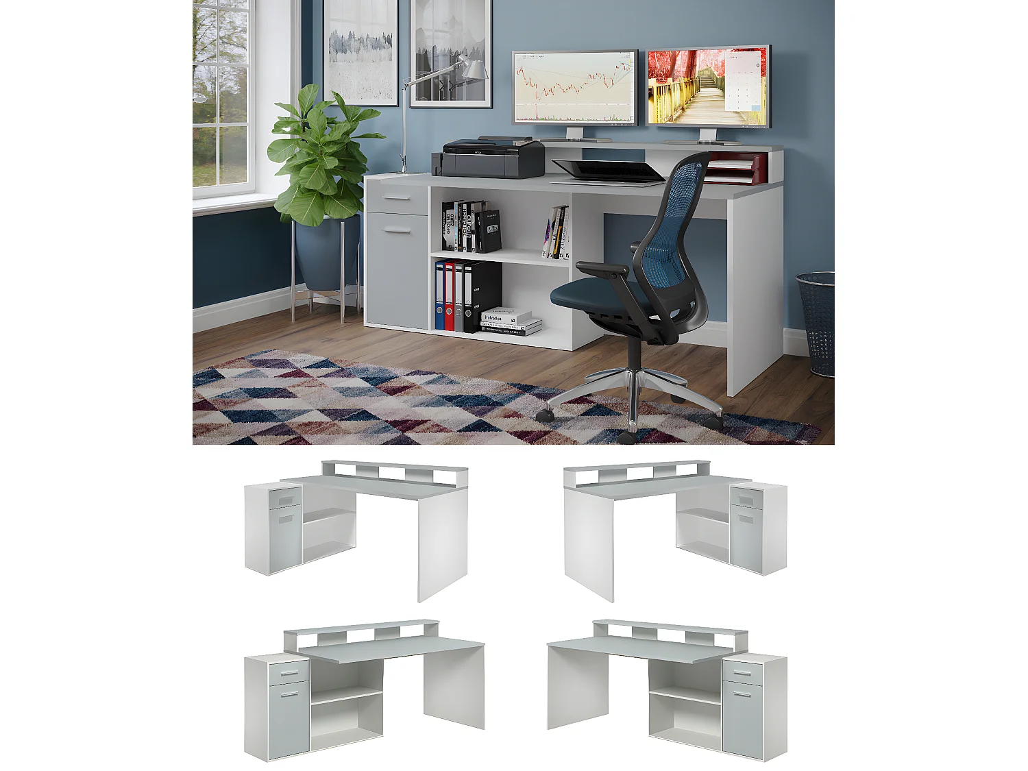 Bureau gamer, table de jeu coloris blanc, gris pastel - L. 160 x H. 92 x P. 115 cm