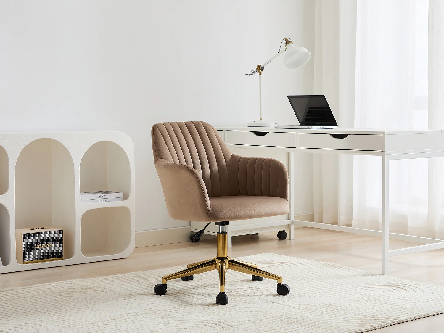 Chaise de bureau - Velours - Beige et doré - Hauteur réglable - ELEANA