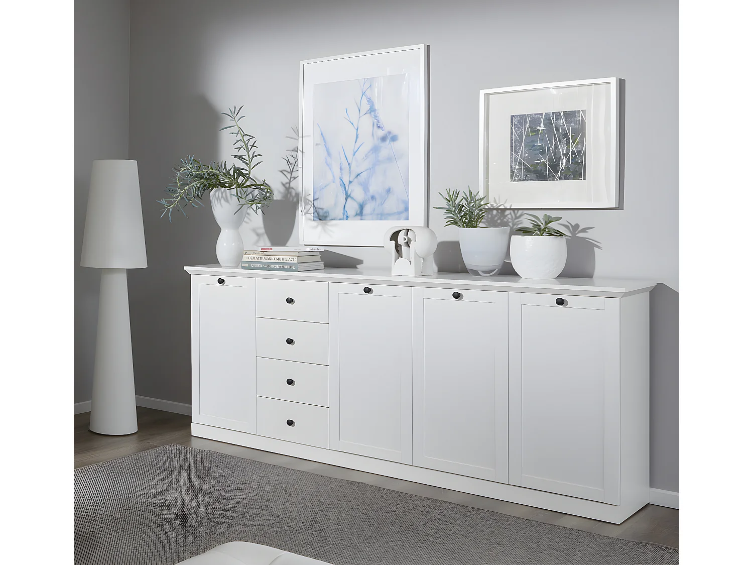 Buffet, meuble de rangement avec 4 portes et  4 tiroirs coloris blanc mat