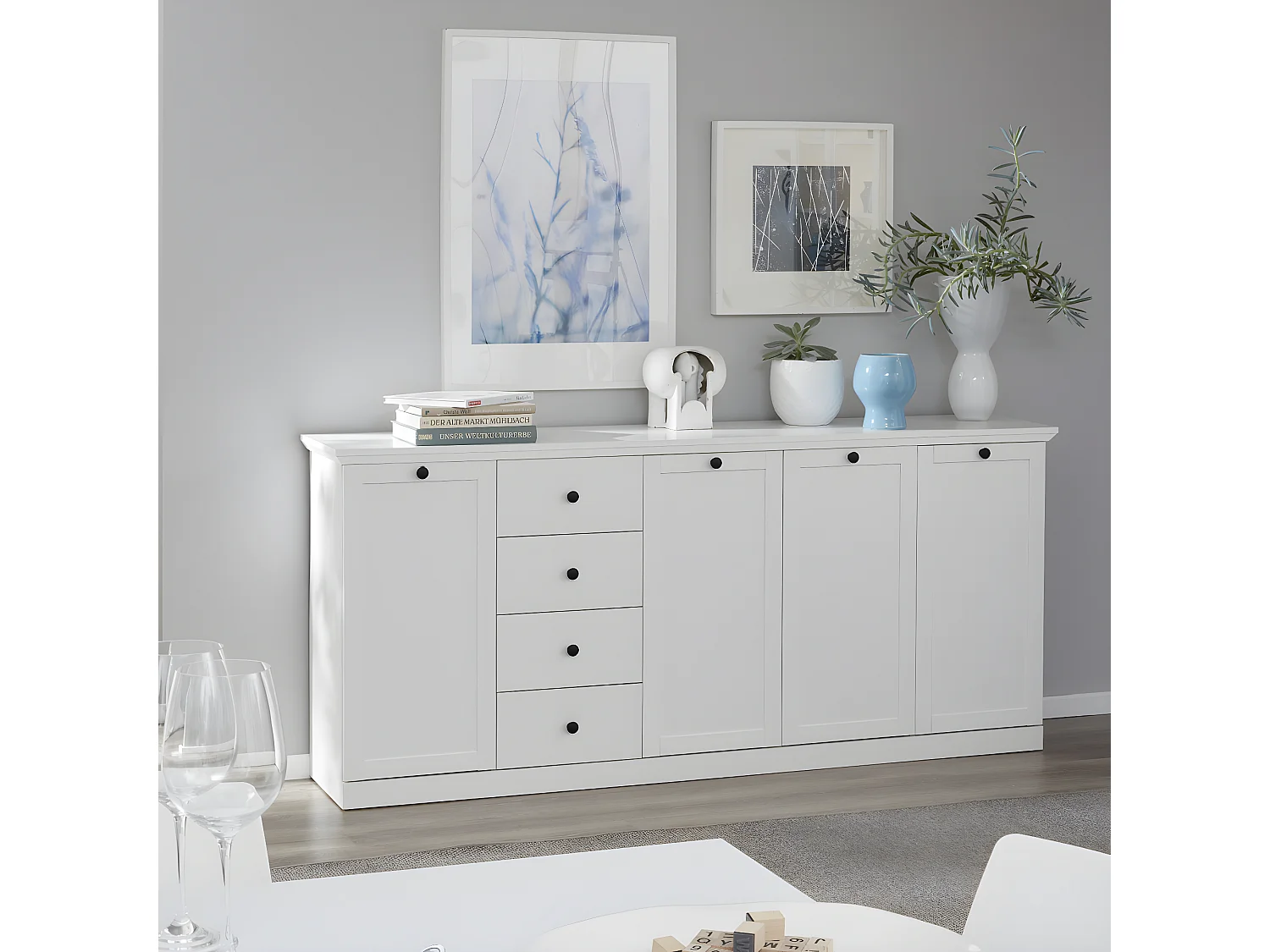Buffet, meuble de rangement avec 4 portes et  4 tiroirs coloris blanc mat