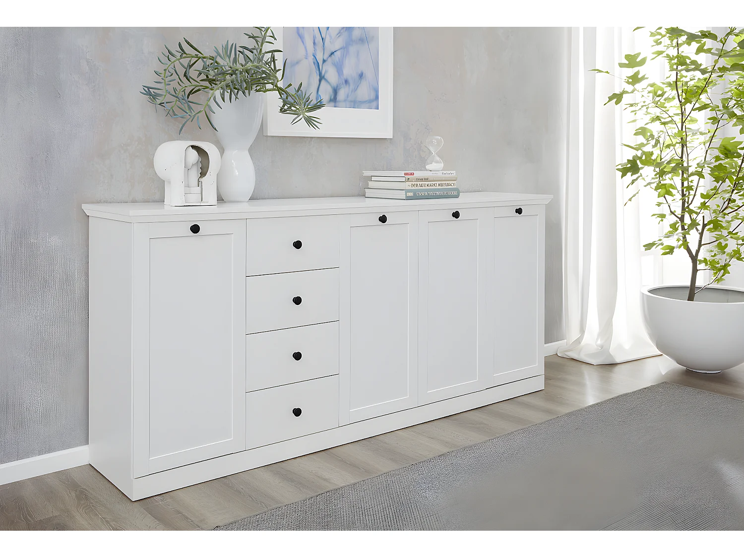 Buffet, meuble de rangement avec 4 portes et  4 tiroirs coloris blanc mat