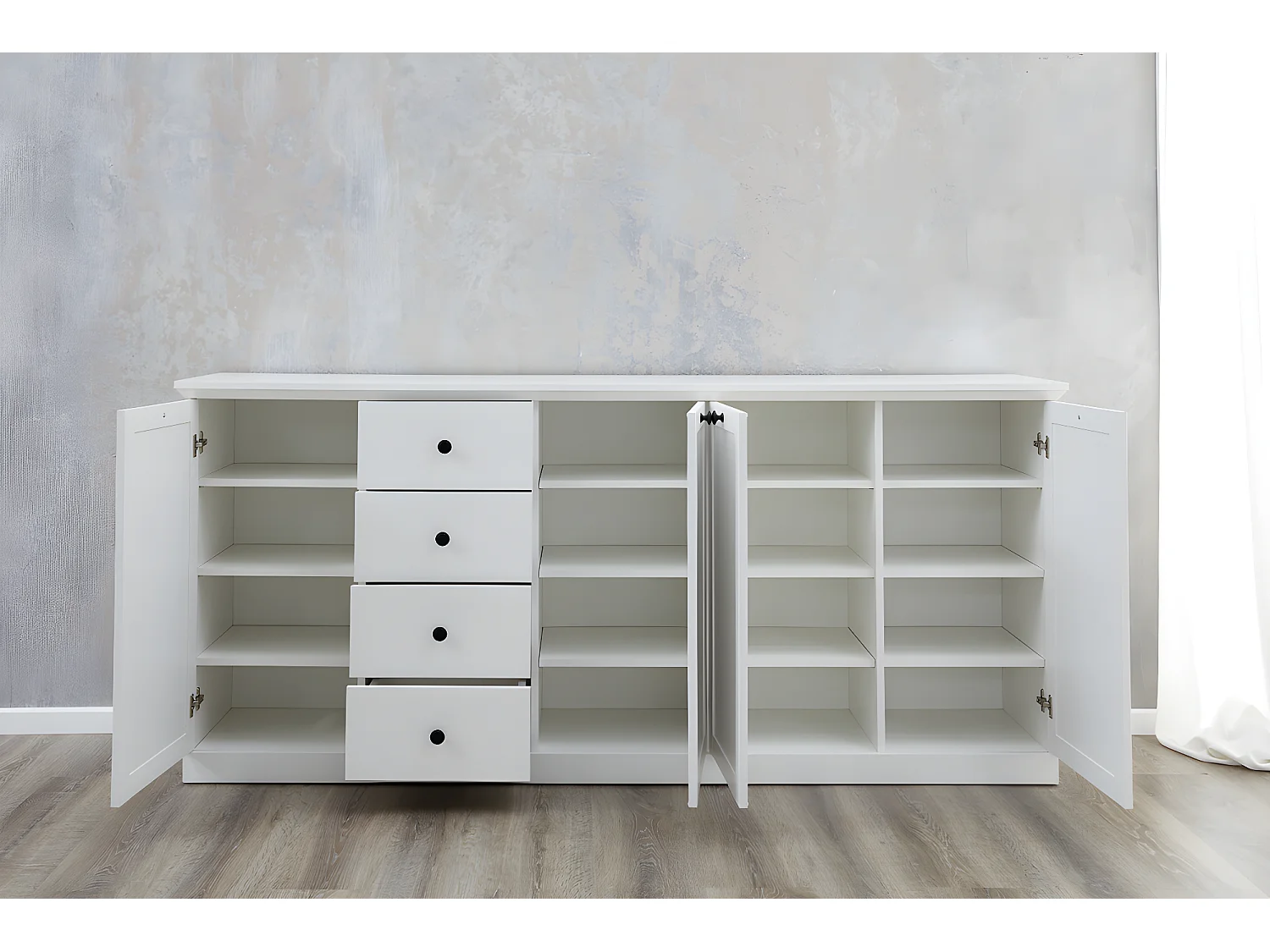 Buffet, meuble de rangement avec 4 portes et  4 tiroirs coloris blanc mat