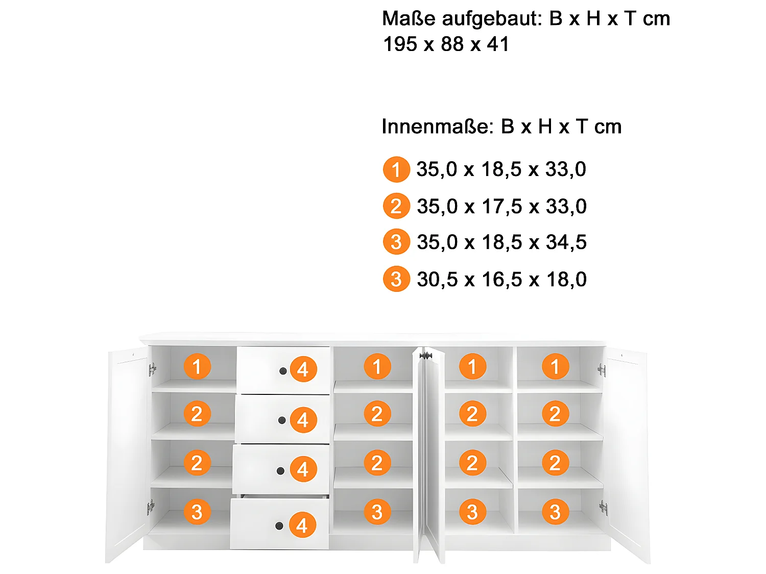 Buffet, meuble de rangement avec 4 portes et  4 tiroirs coloris blanc mat