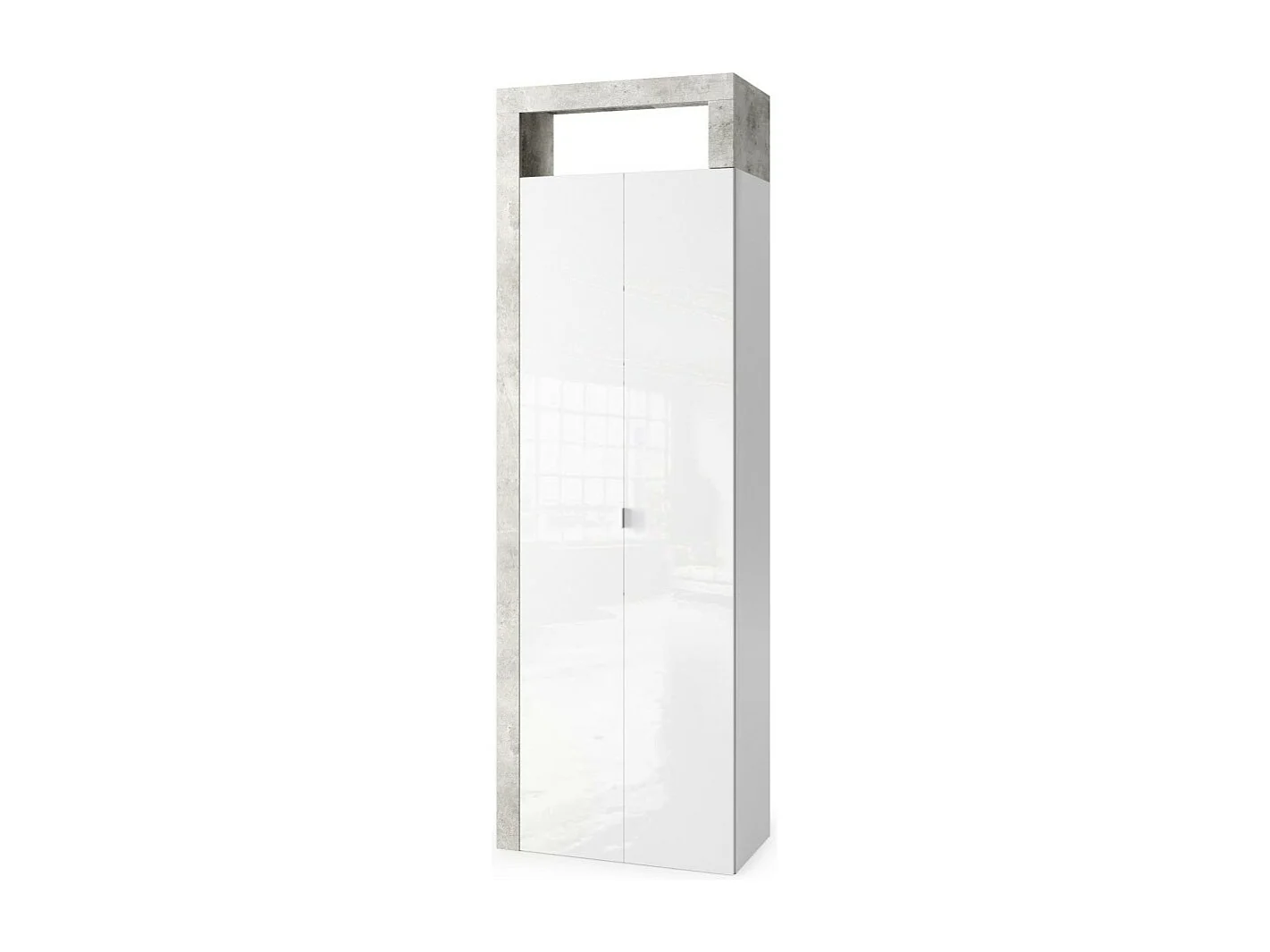 Badezimmerschrank, 2 Türen, Kollektion BURA. Farbe in glänzendem Weiß lackiert und grau in Betonoptik.