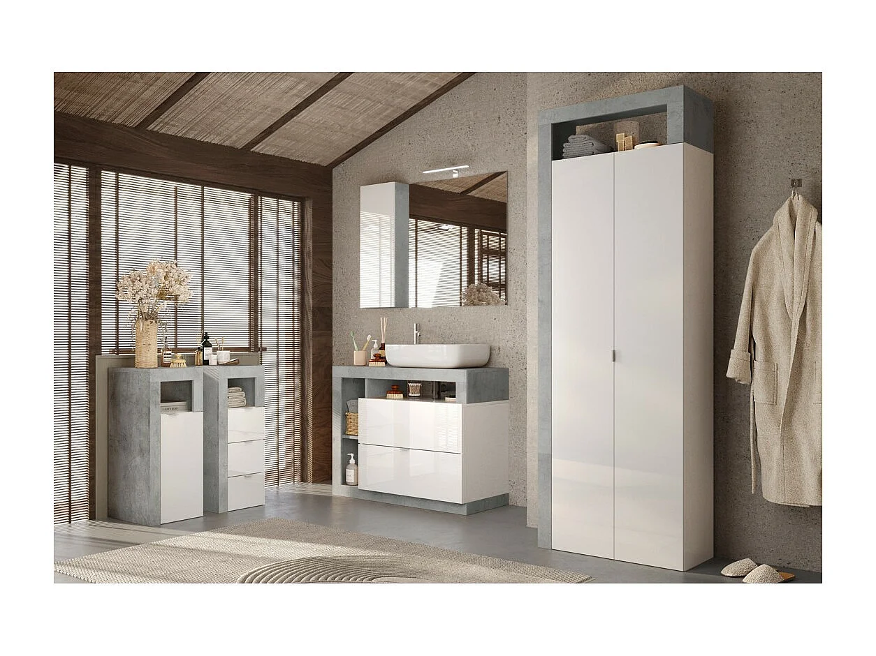 Badkamerkast, 2 deuren, collectie BURA. Kleur glanzend wit gelakt en grijs betonlook.