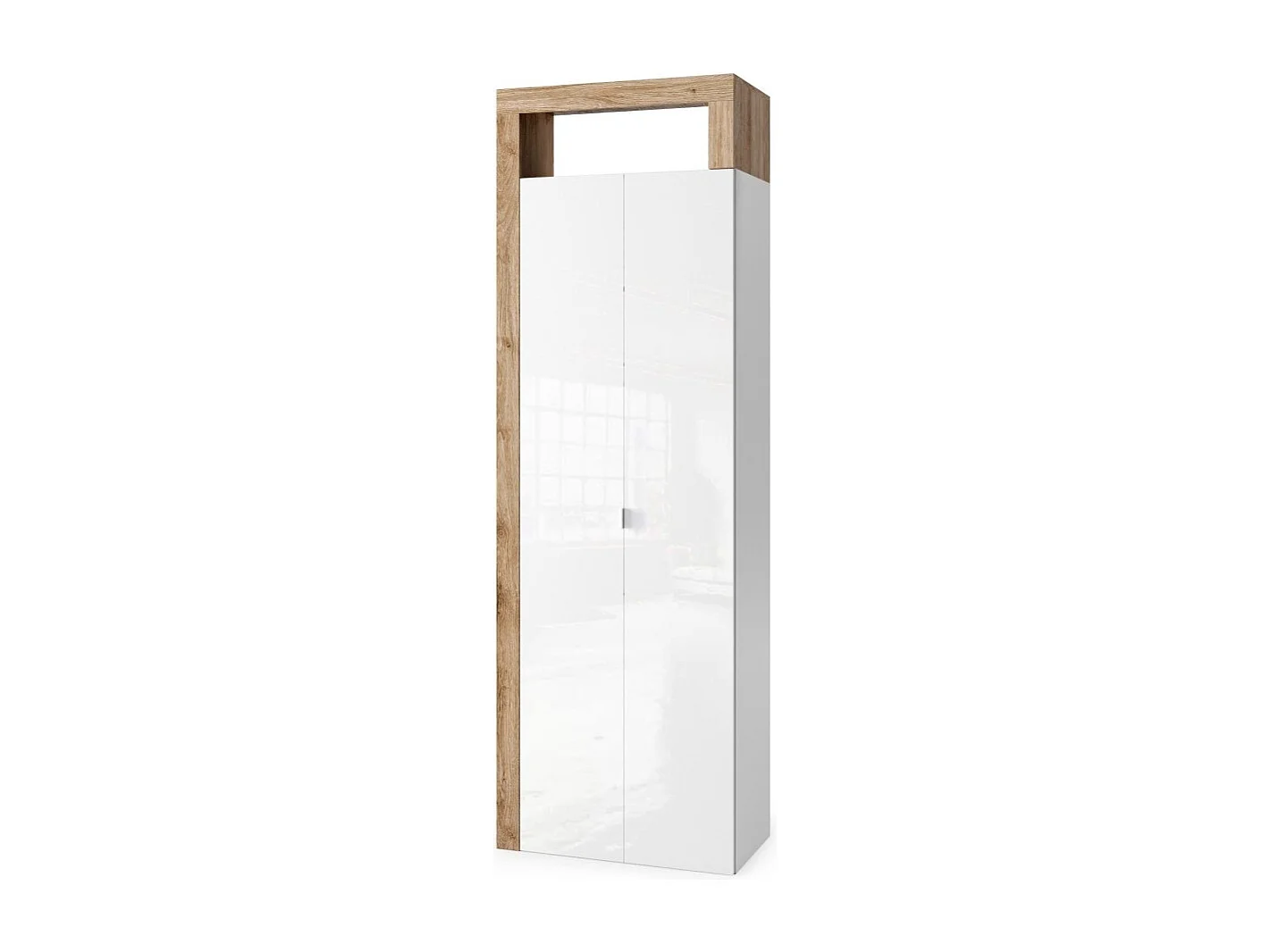 Badezimmerschrank, 2 Türen, Kollektion BURA. Farbe in glänzendem Weiß lackiert und hellem Eichenholz.