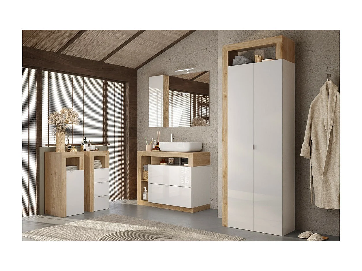 Badezimmerschrank, 2 Türen, Kollektion BURA. Farbe in glänzendem Weiß lackiert und hellem Eichenholz.