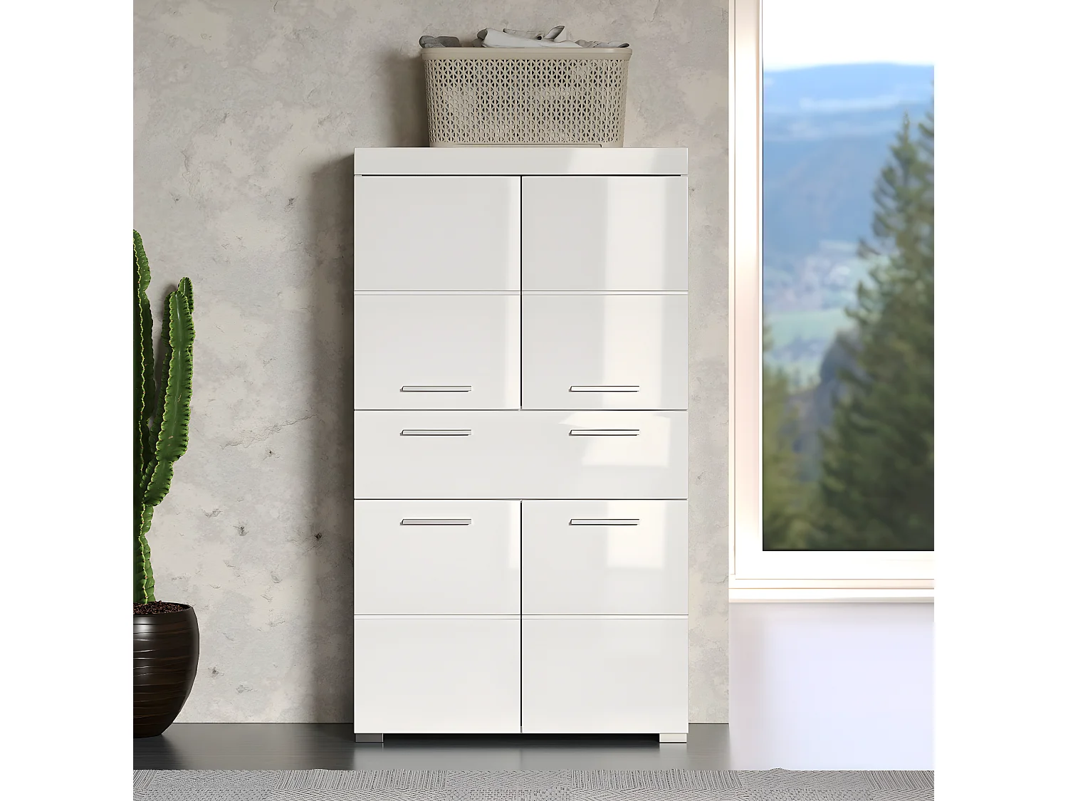 Commode de rangement avec 4 portes de salle de bain coloris blanc brillant, blanc mat