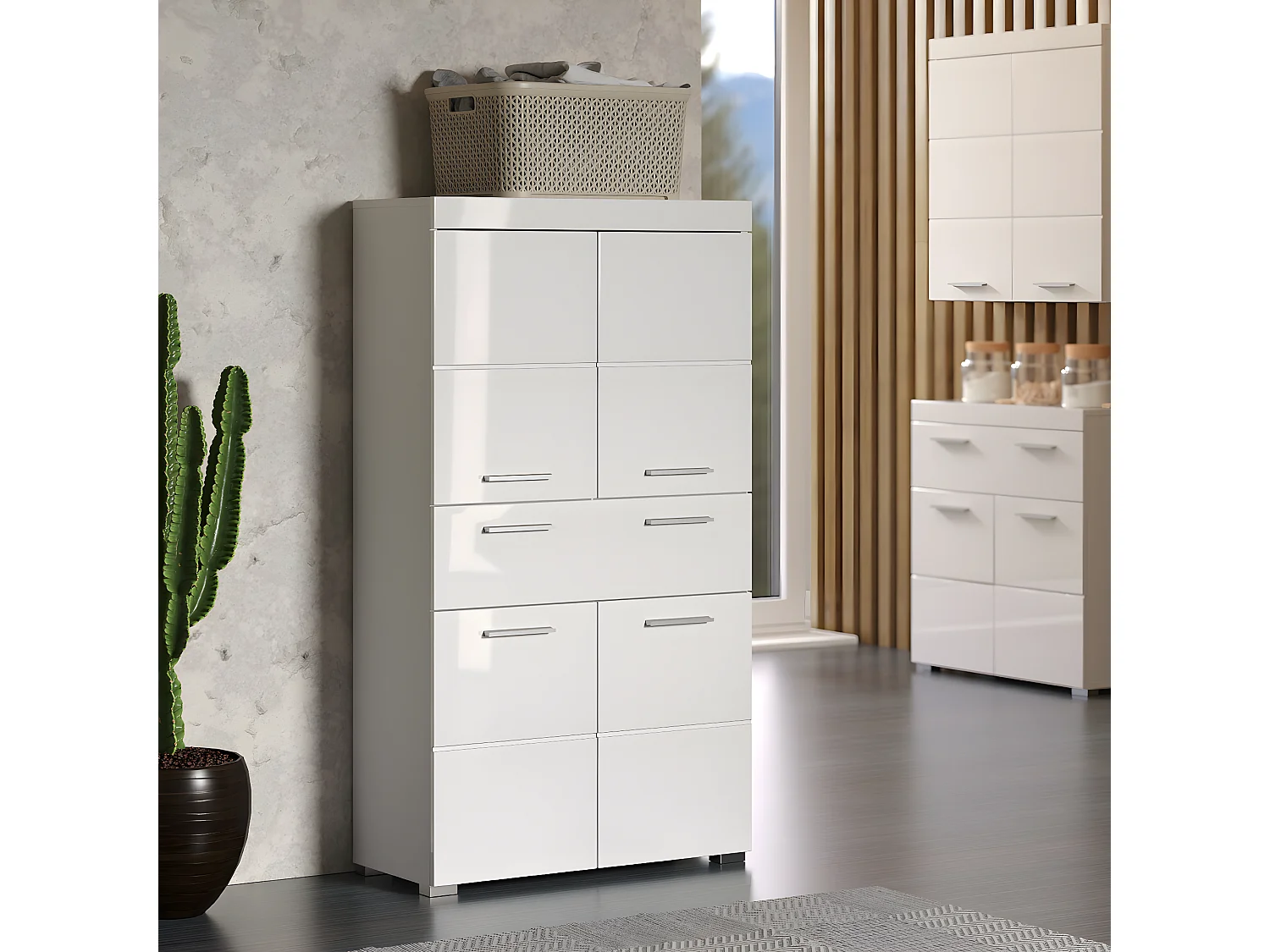 Commode de rangement avec 4 portes de salle de bain coloris blanc brillant, blanc mat