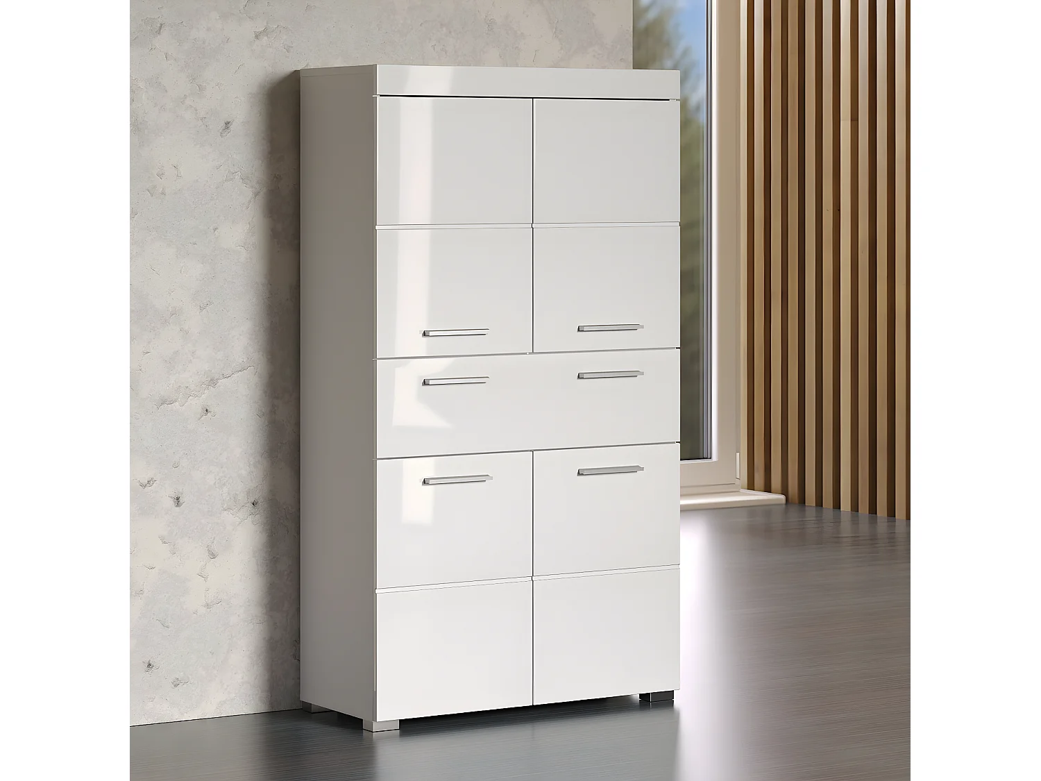 Commode de rangement avec 4 portes de salle de bain coloris blanc brillant, blanc mat