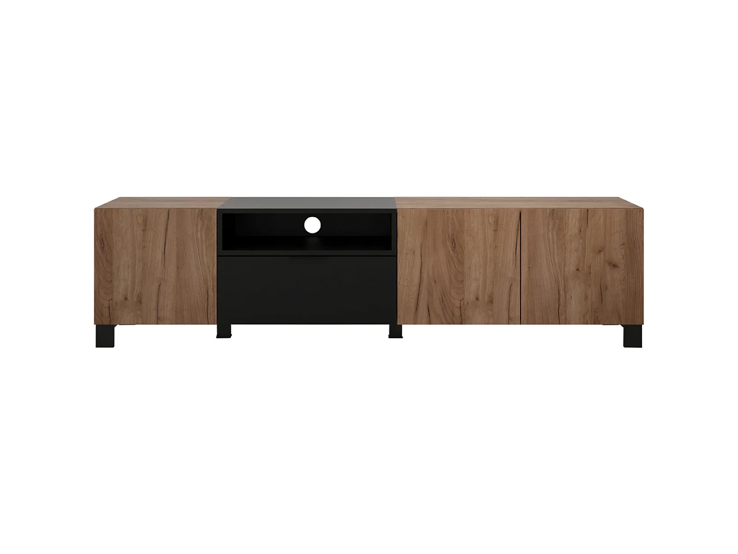 Meuble TV avec 3 portes coloris  chêne ambré et noir mat - L. 185 x H. 47 x P. 40 cm