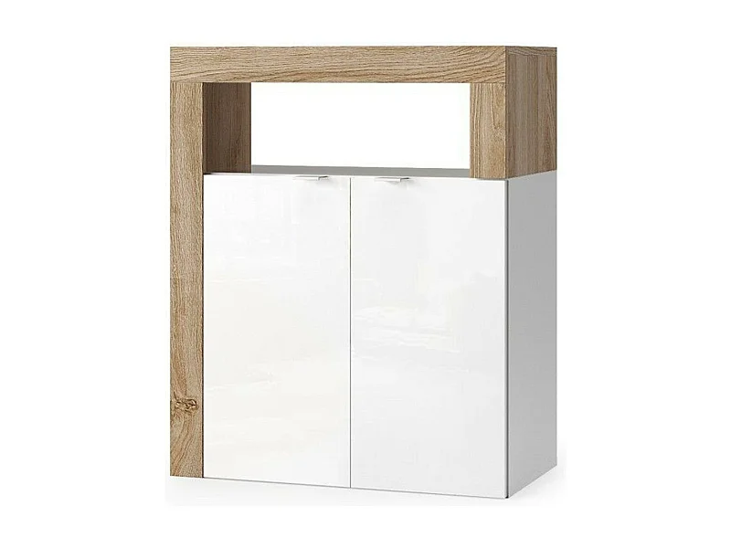 Meuble de salle de bains BURA – 2 portes, 2 étagères – Blanc brillant laqué et chêne clair