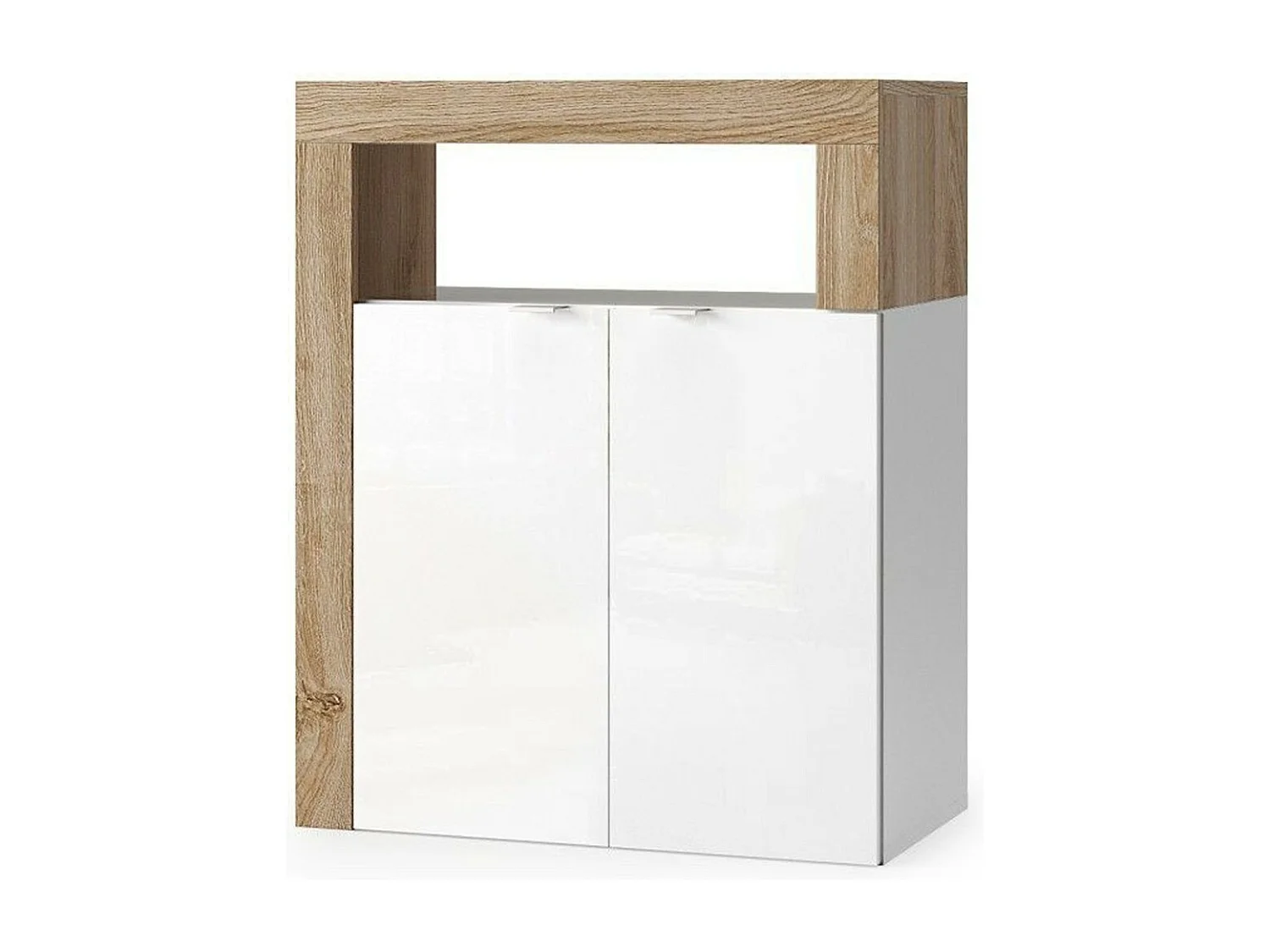 Meuble de salle de bains BURA – 2 portes, 2 étagères – Blanc brillant laqué et chêne clair