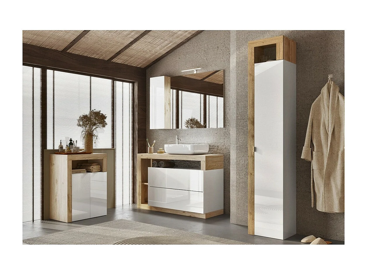 Meuble de salle de bains BURA – 2 portes, 2 étagères – Blanc brillant laqué et chêne clair