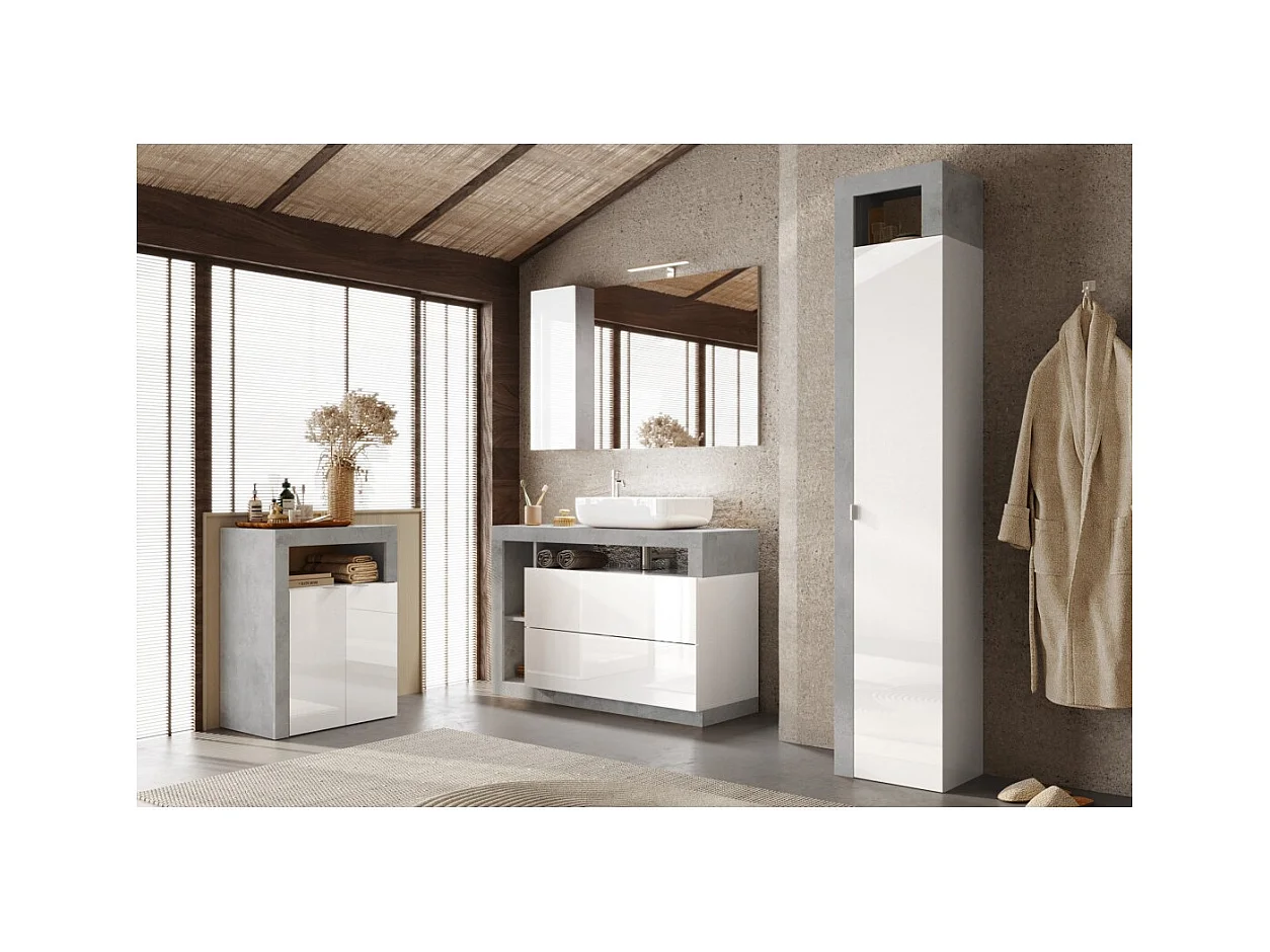 Meuble de salle de bains BURA – 2 portes, 2 étagères – Blanc brillant laqué et gris aspect béton