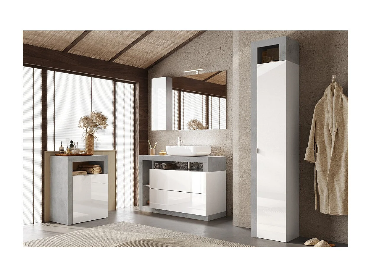 Meuble de salle de bains BURA – 2 portes, 2 étagères – Blanc brillant laqué et gris aspect béton