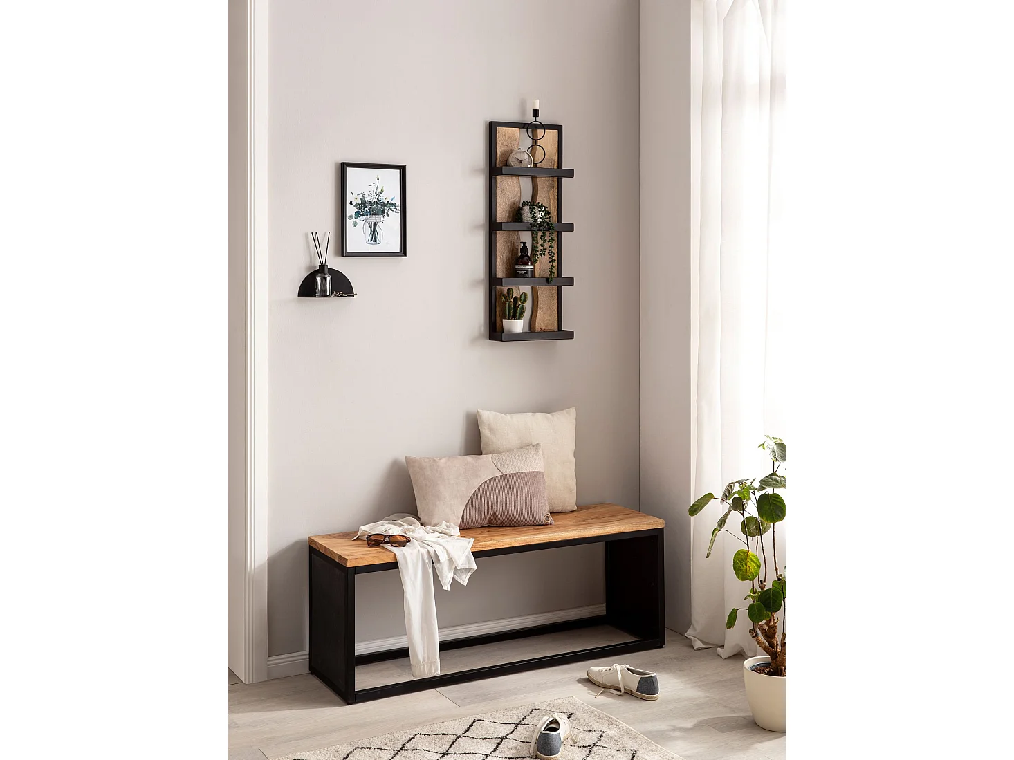 Étagère Murale Bois Massif Métal 30x80x10 cm Étagère Suspendue Flottante