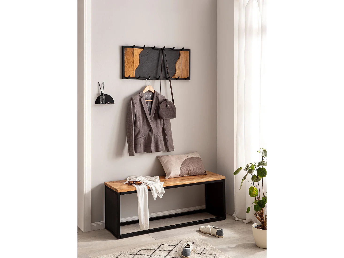 Porte Manteau Mural 13 Crochets Bois Massif Metal 80 cm Murale Couloir