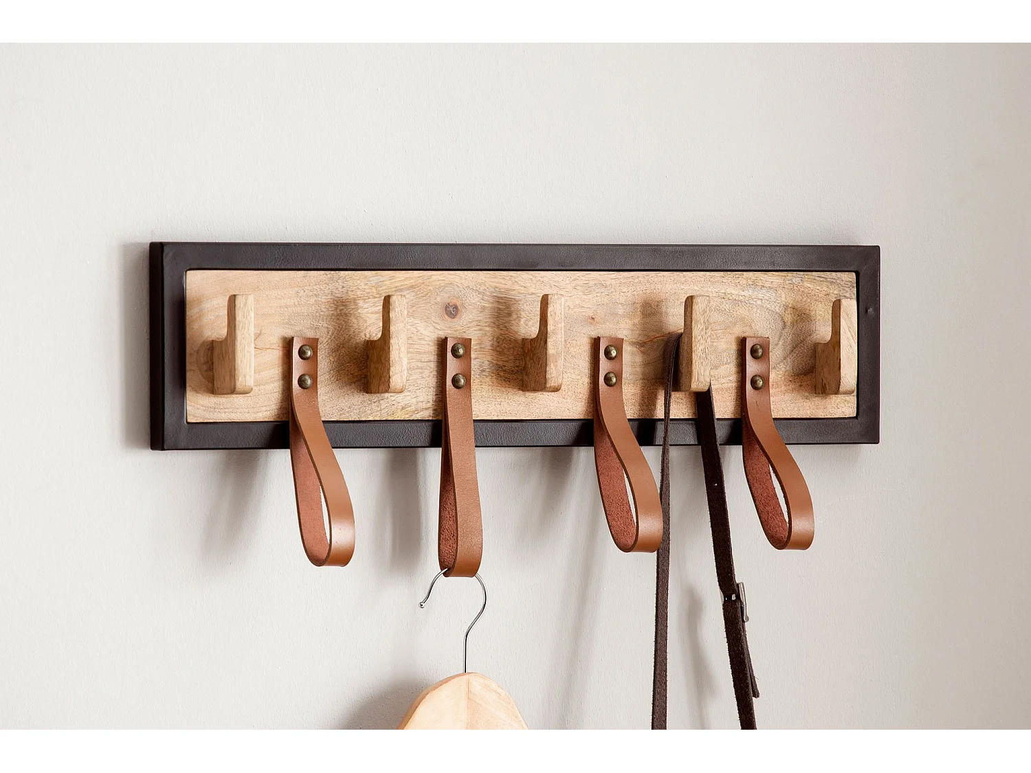 Porte Manteau Mural 5 Crochets Bois Massif Cuir 60 cm Murale Couloir