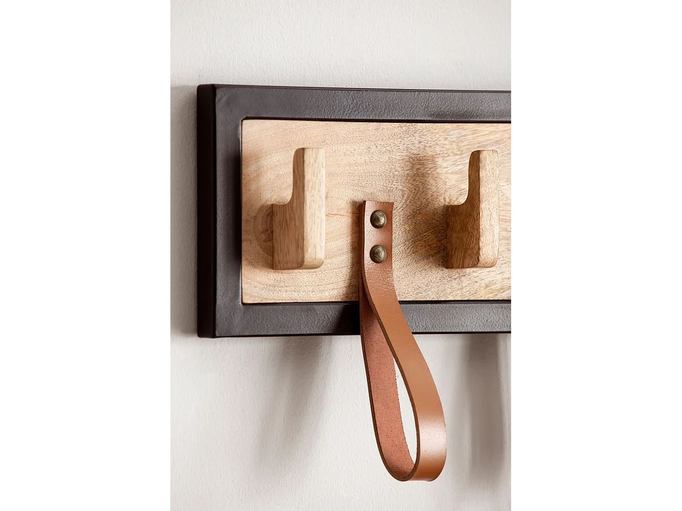 Porte Manteau Mural 5 Crochets Bois Massif Cuir 60 cm Murale Couloir