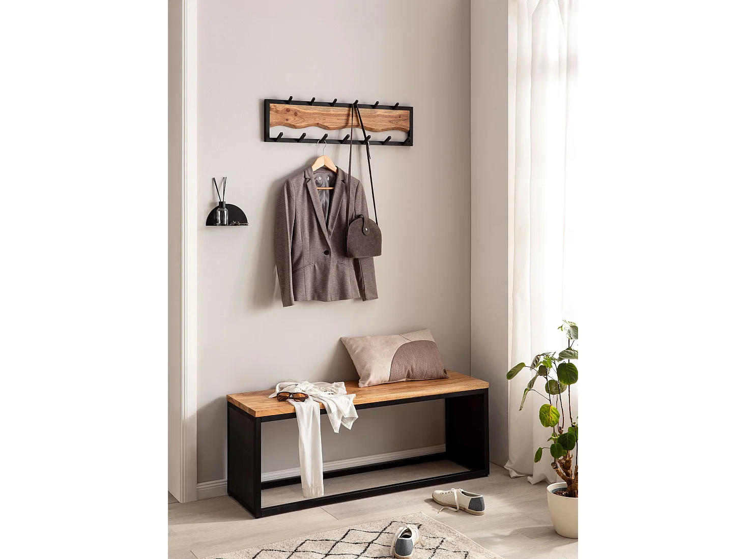 Porte Manteau Mural 13 Crochets Bois Massif Metal 80 cm Murale Couloir