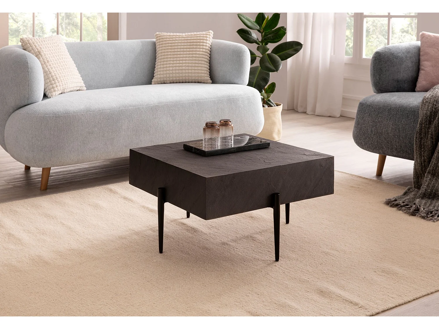 Table Basse Carré Aspect Pierre 64x64x35 cm Table de Salon Moderne