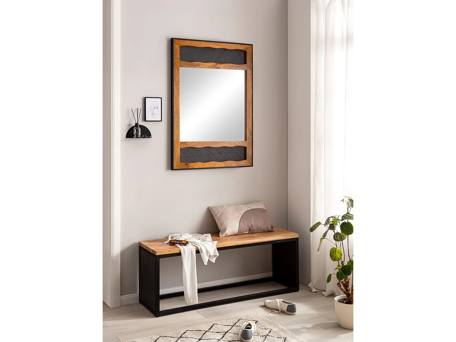 Miroir Mural Bois Massif 72x102x3 cm Miroir de Couloir Grand Moderne