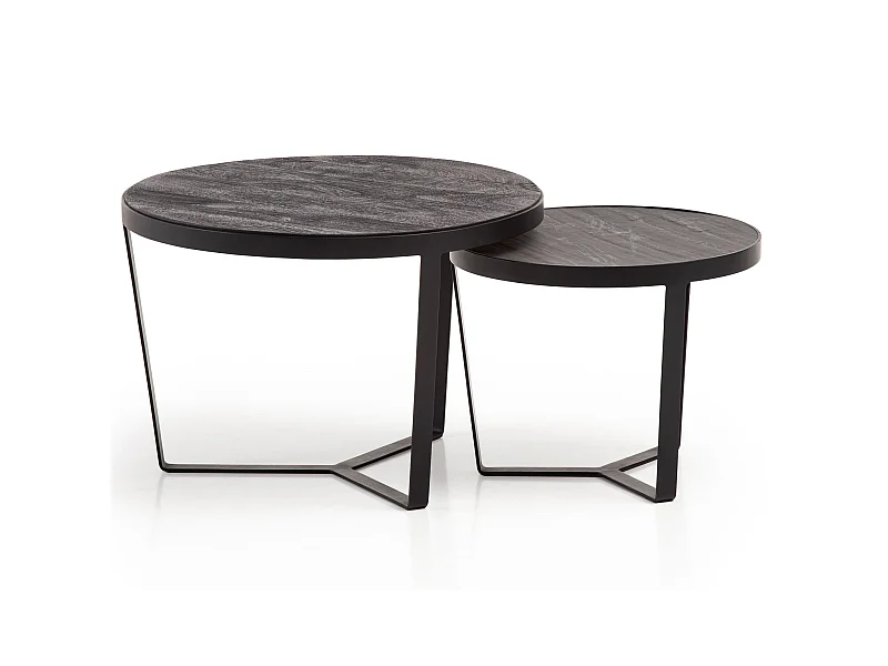 Couchtisch Schwarz Wohnzimmertisch 2er Set Rund Holz / Steinoptik Satztisch