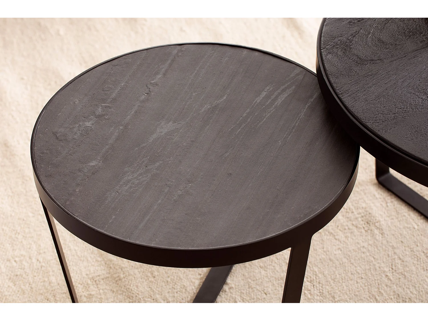 Couchtisch Schwarz Wohnzimmertisch 2er Set Rund Holz / Steinoptik Satztisch