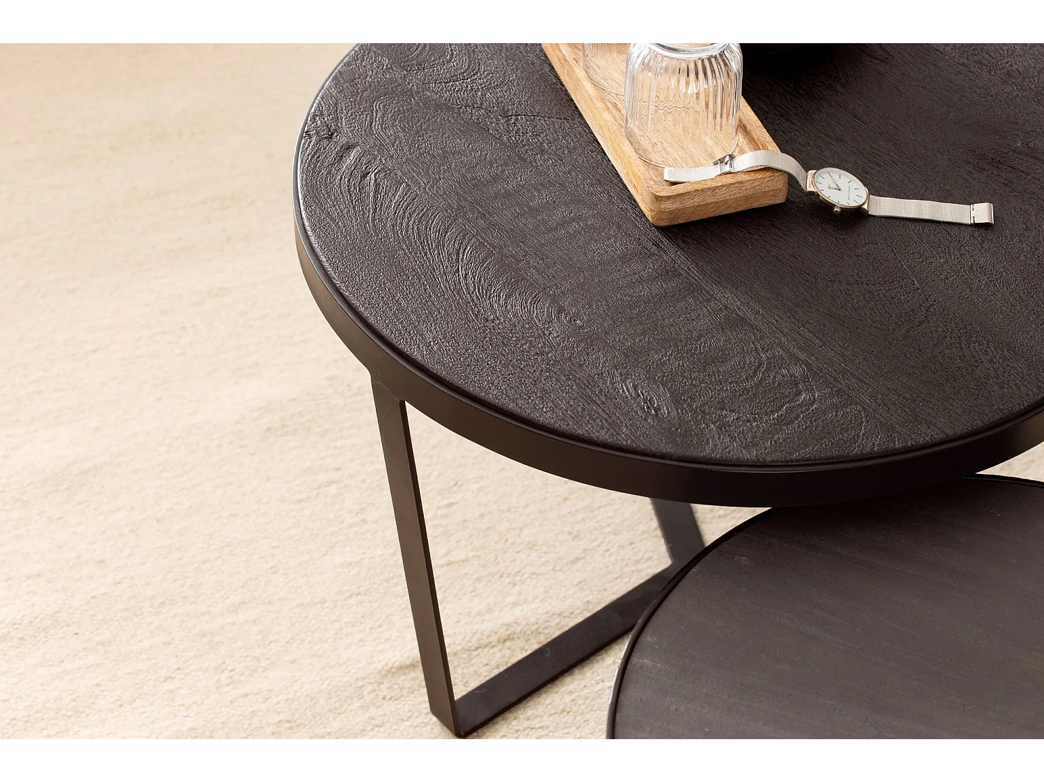 Couchtisch Schwarz Wohnzimmertisch 2er Set Rund Holz / Steinoptik Satztisch