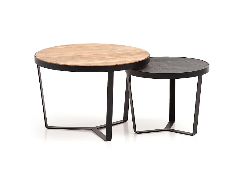 Couchtisch Braun Wohnzimmertisch 2er Set Rund Holz / Steinoptik Satztisch