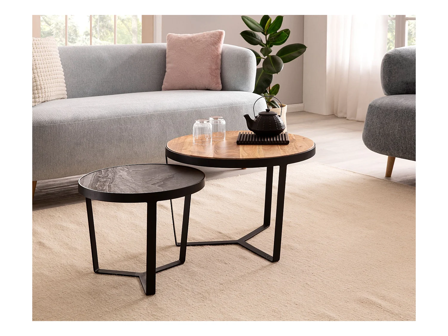 Tables Gigognes Marron Bois Massif Table d'appoint Basse Moderne Lot de 2 Ronde