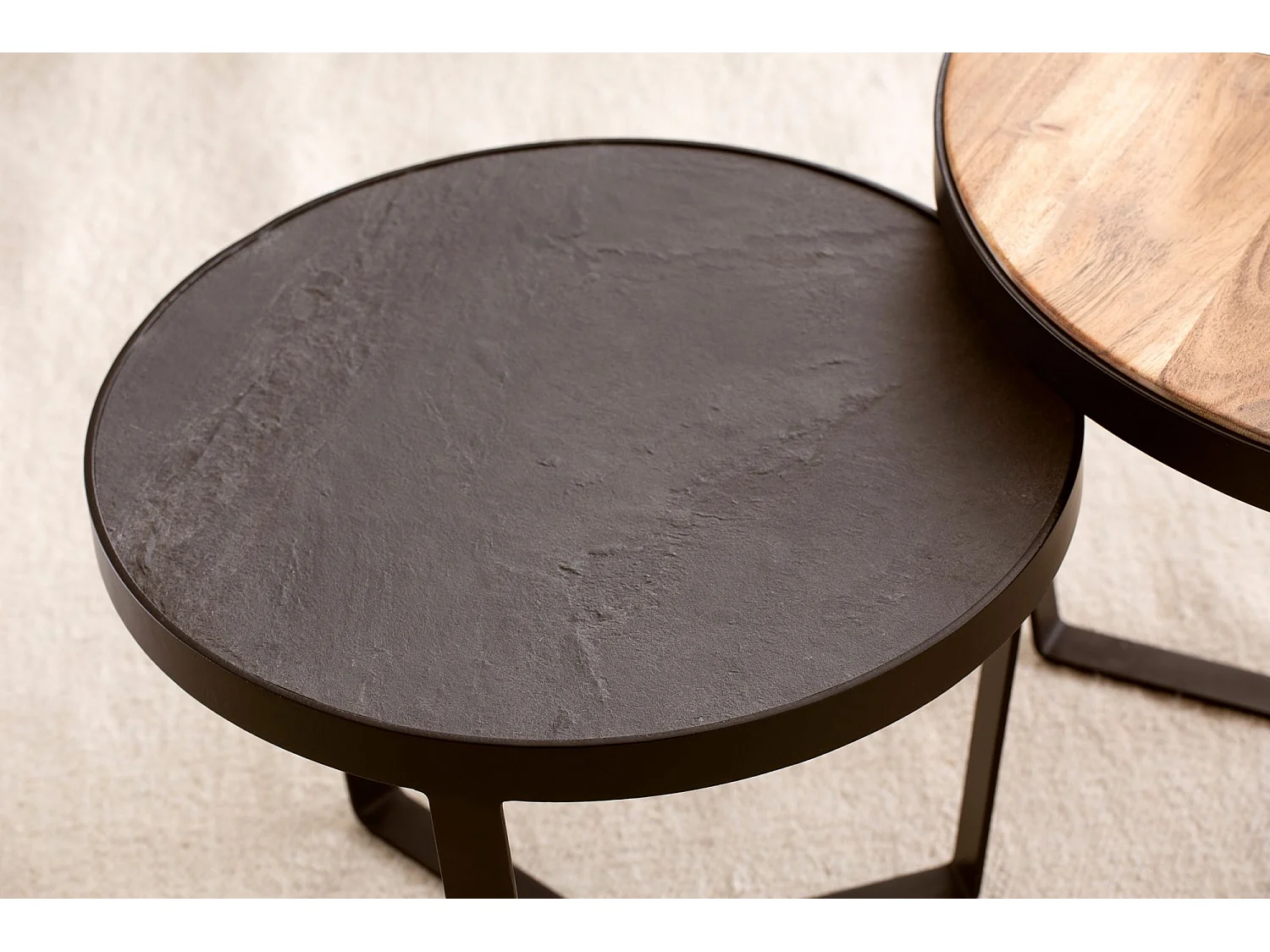 Couchtisch Braun Wohnzimmertisch 2er Set Rund Holz / Steinoptik Satztisch