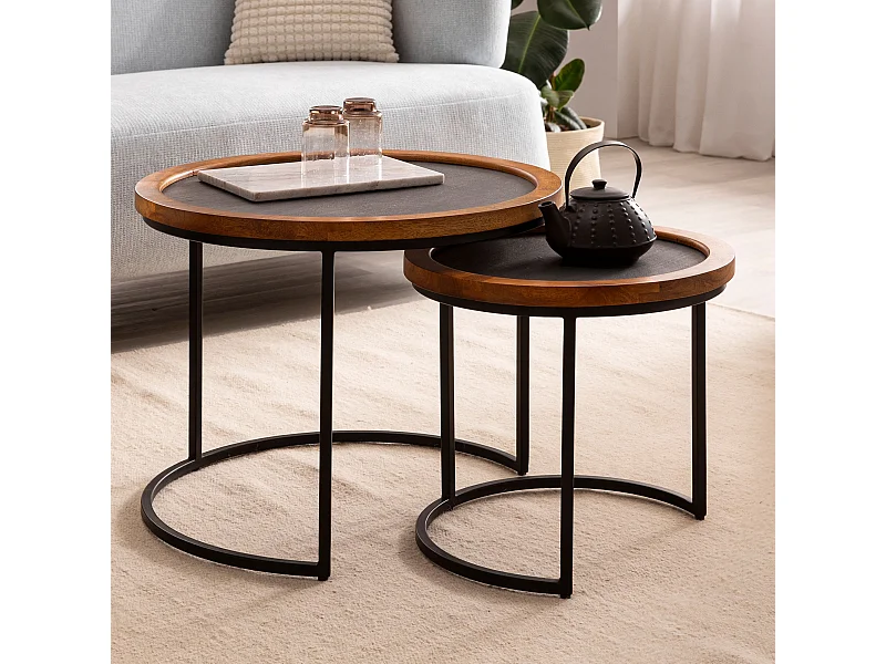 Couchtisch Wohnzimmertisch 2er Set Rund Holz / Steinoptik Satztisch