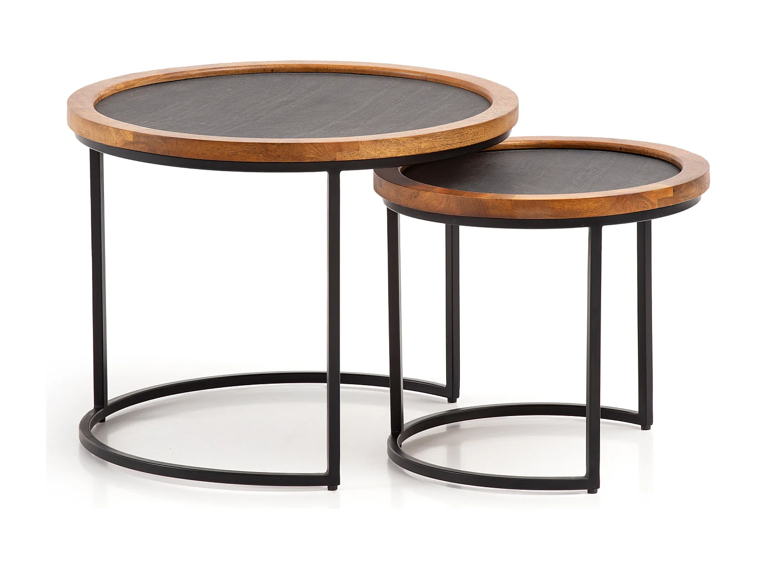 Couchtisch Wohnzimmertisch 2er Set Rund Holz / Steinoptik Satztisch